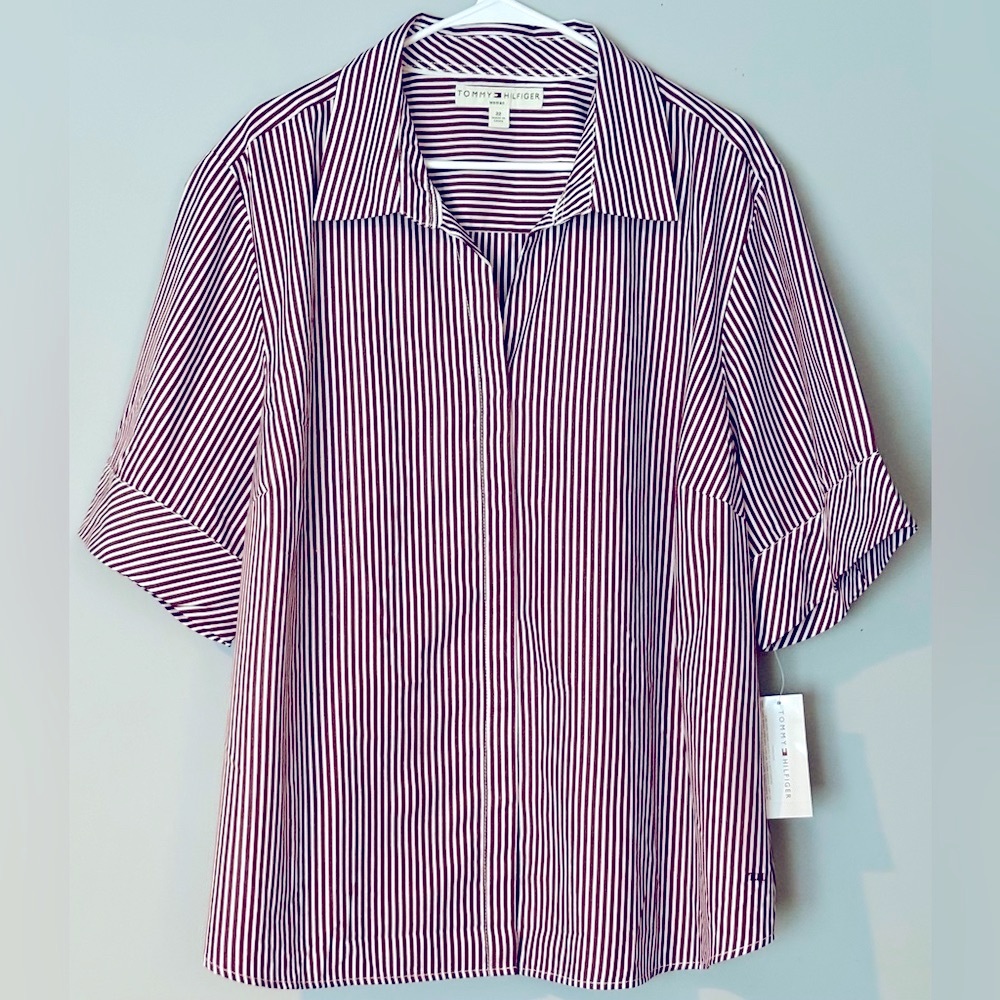 TOMMY HILFIGER Maroon & White Striped Short-Sleeved Button Down Blouse Size 22